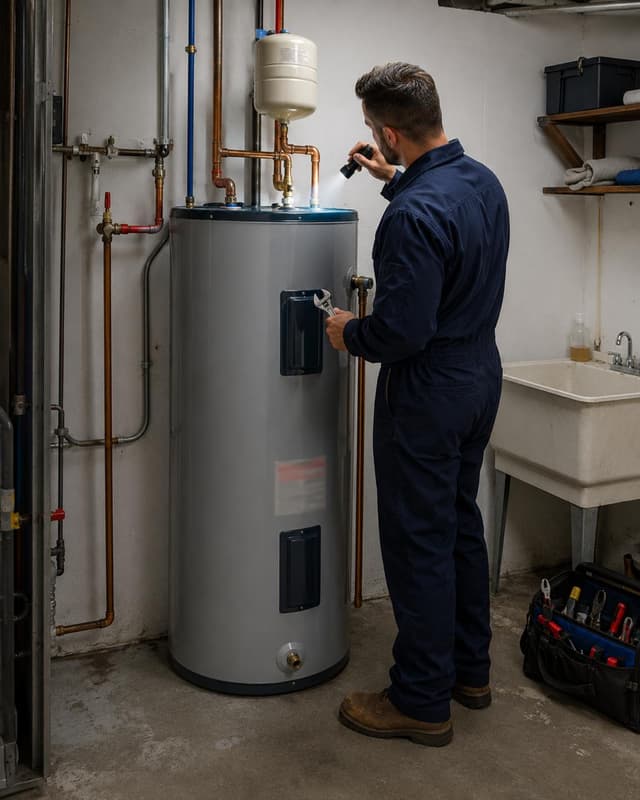 Plombier inspectant un chauffe-eau résidentiel