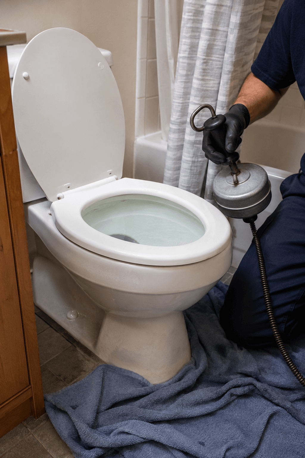 Furet de toilette prêt à déboucher une toilette résidentielle