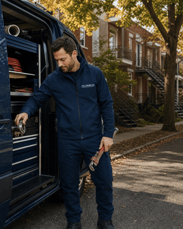 Plombier Plomb-O préparant ses outils près de son camion de service