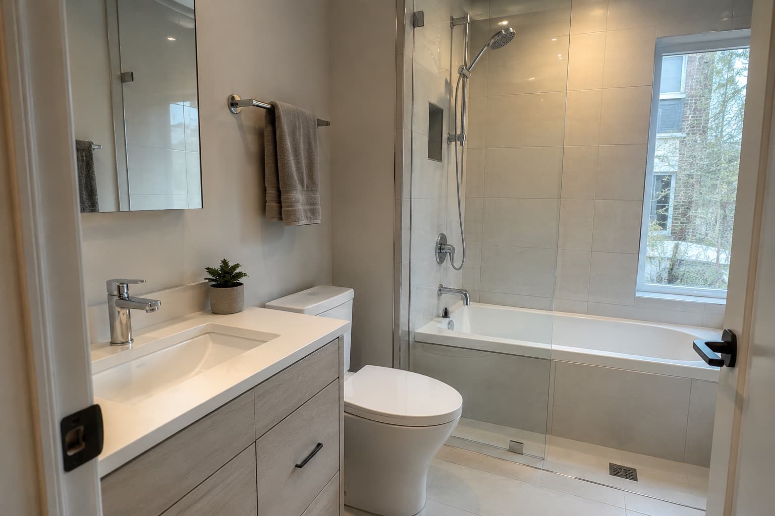 Salle de bain résidentielle avec appareils sanitaires installés