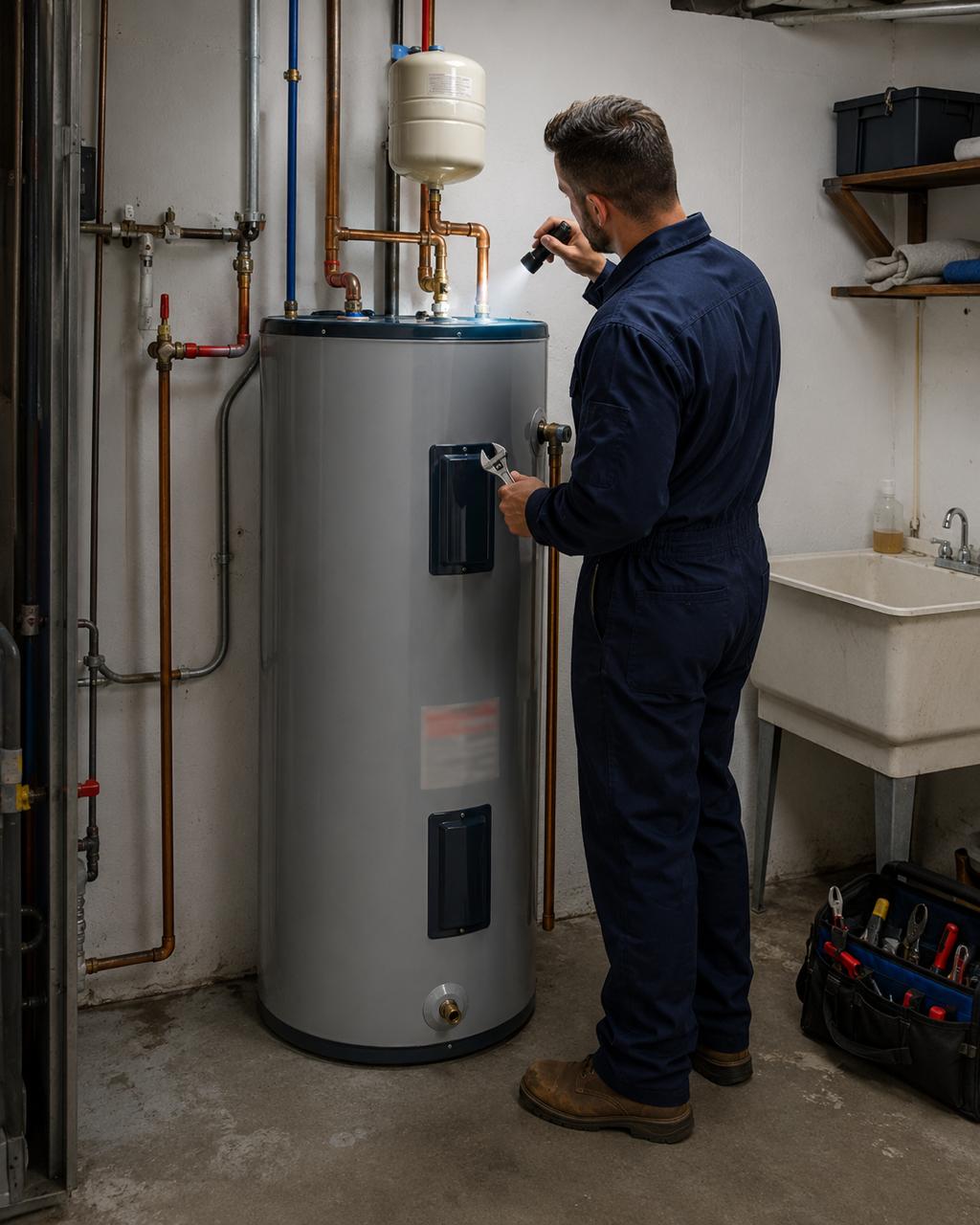 Plombier inspectant un chauffe-eau résidentiel