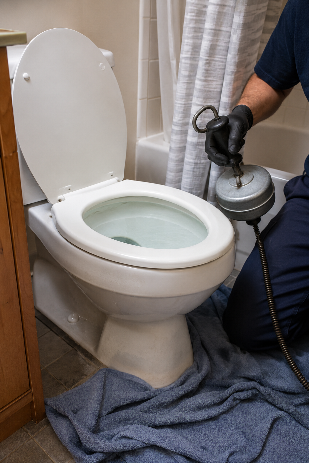 Furet de toilette prêt à déboucher une toilette résidentielle